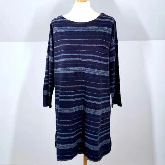 White Stuff Dress Tunic Navy Blue 100% Cotton Striped Shift Casual Smock 16 - Picture 1 of 7